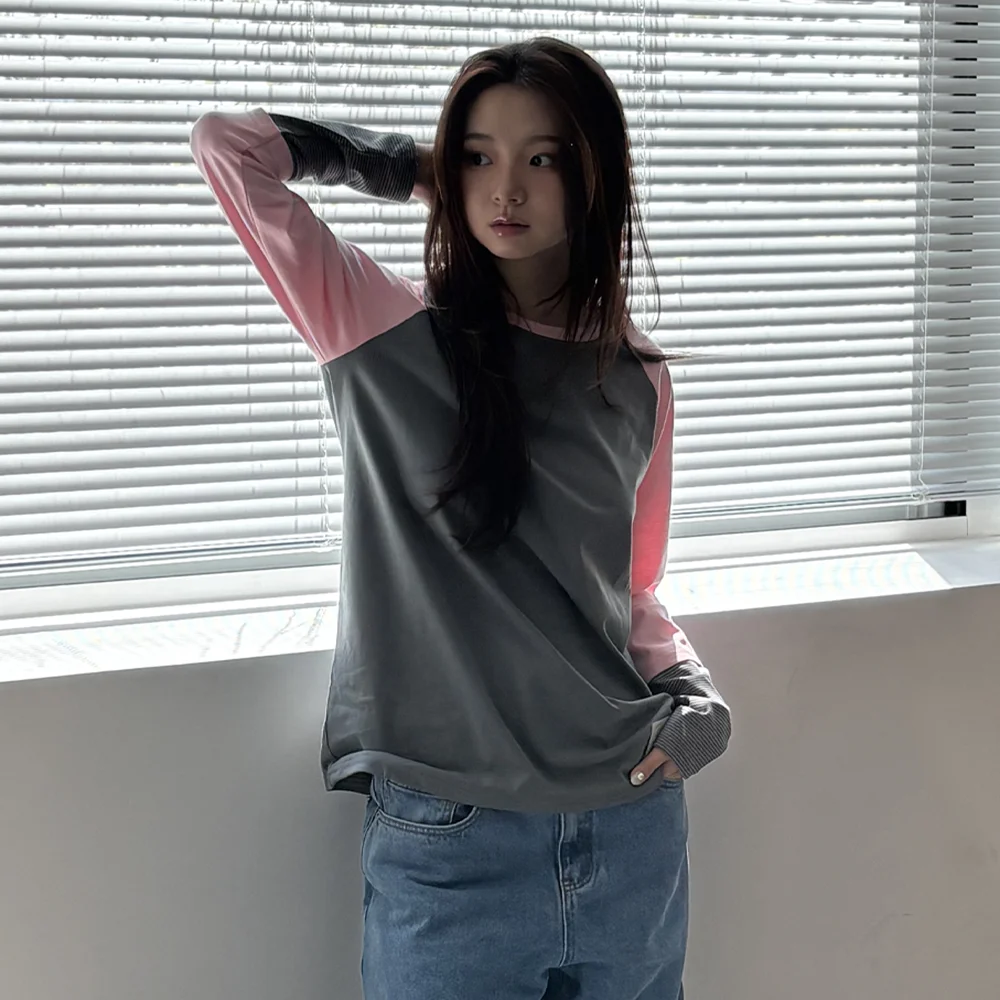 CEC LAYERED STRIPED SLEEVE LABEL L/S(Charcoal Pink)