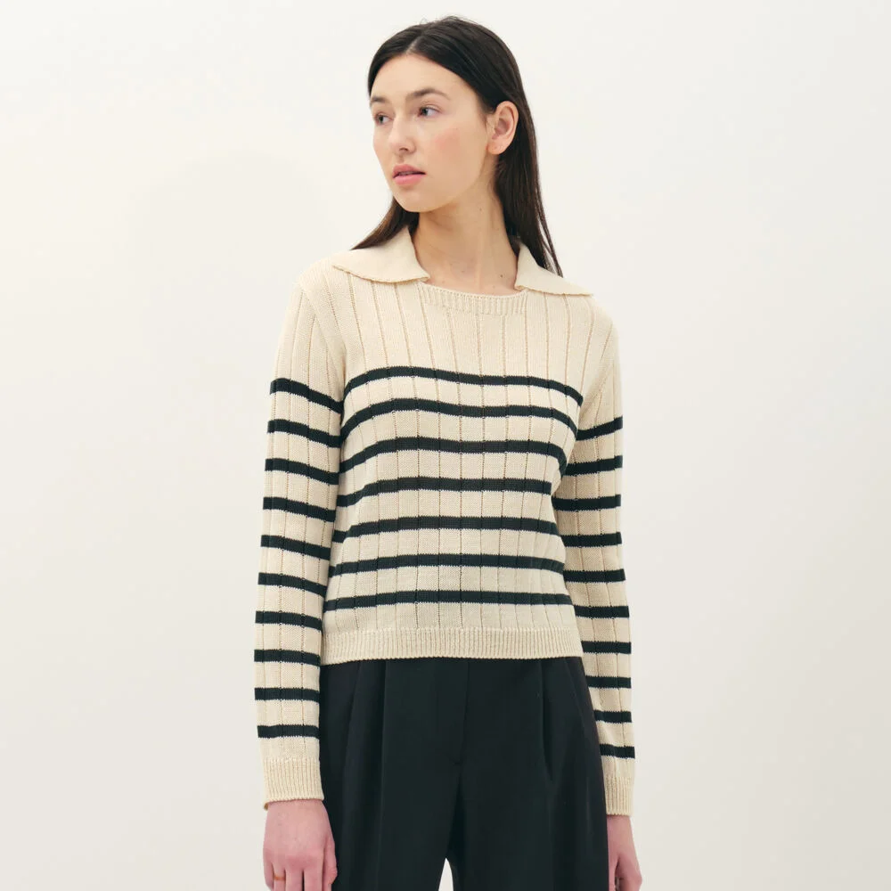 collar striped knit top_deep green