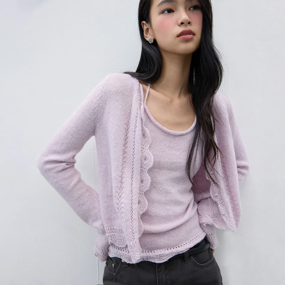 Scallop Lace Cardigan Set Lavender pink