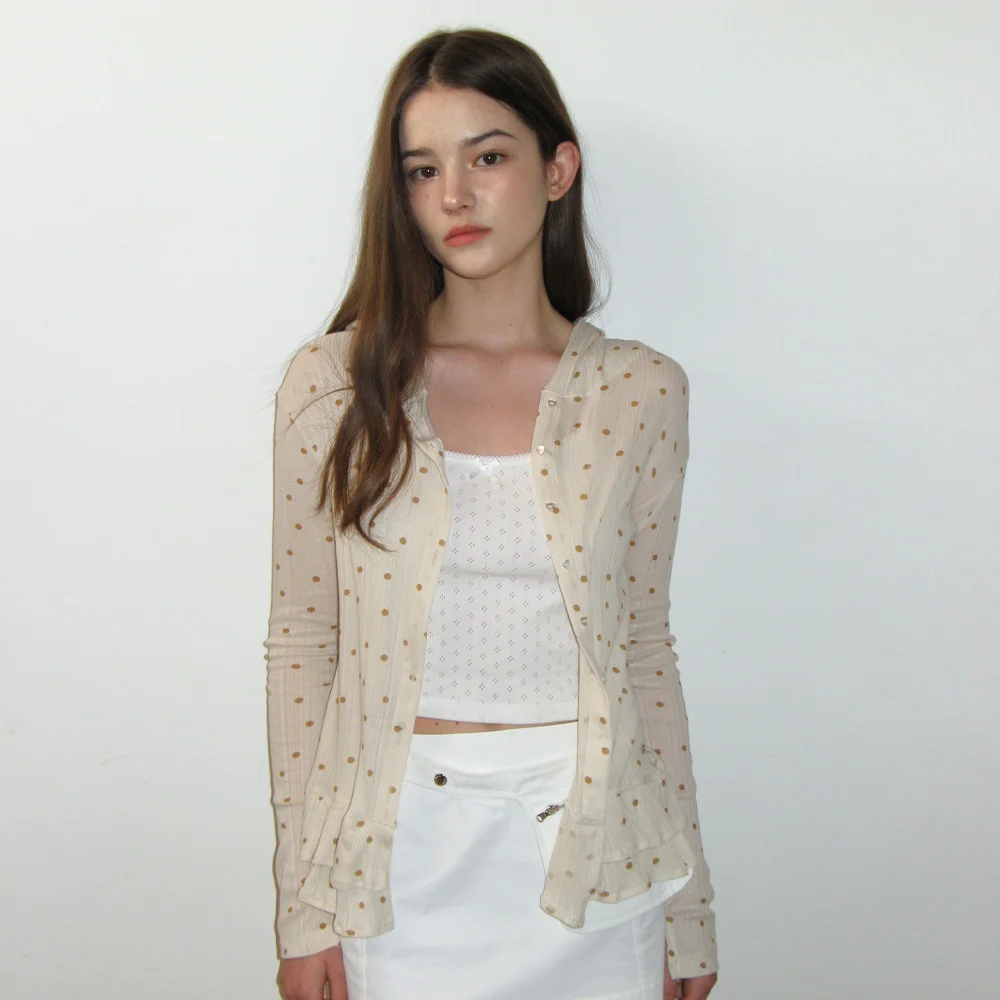 DOT FRILL SHEER HOOD CARDIGAN_BEIGE