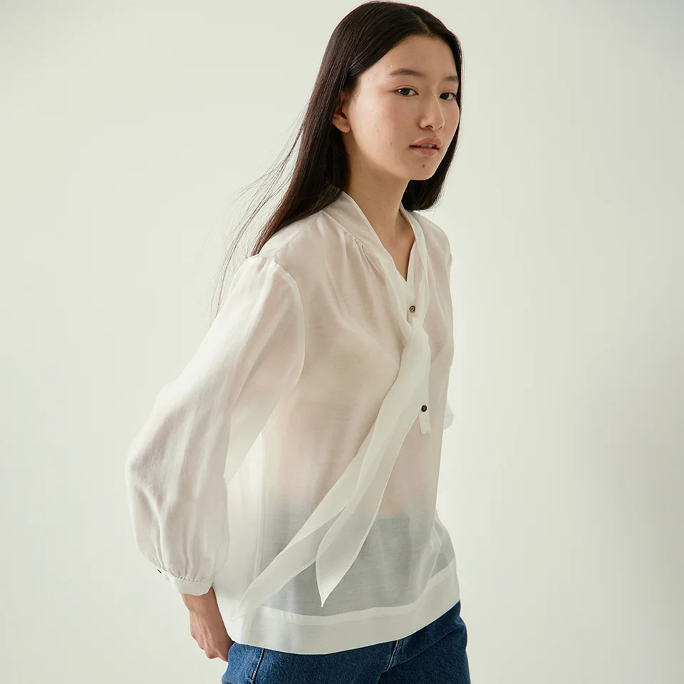 tencel button tie blouse (white)