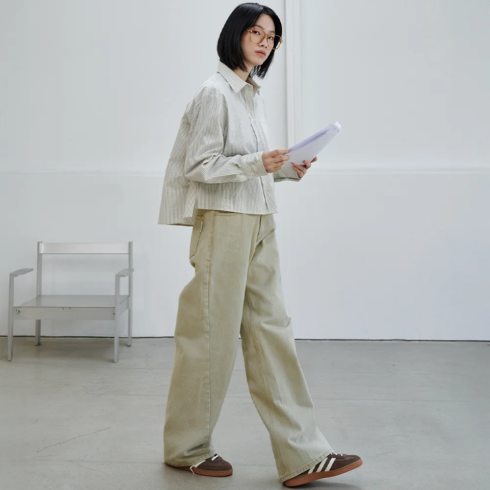 9151 弧形 衣領 牛仔 褲子 (米色)