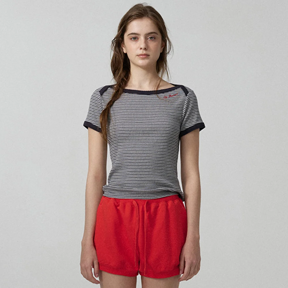 Noelle Boat Neck Stripe Slim Top_Navy