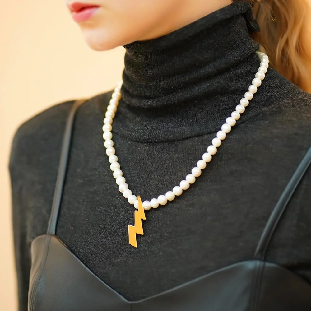 Bold pendant point pearl Necklace 醒目 Thunder 吊飾 淡水珍珠 頸鏈