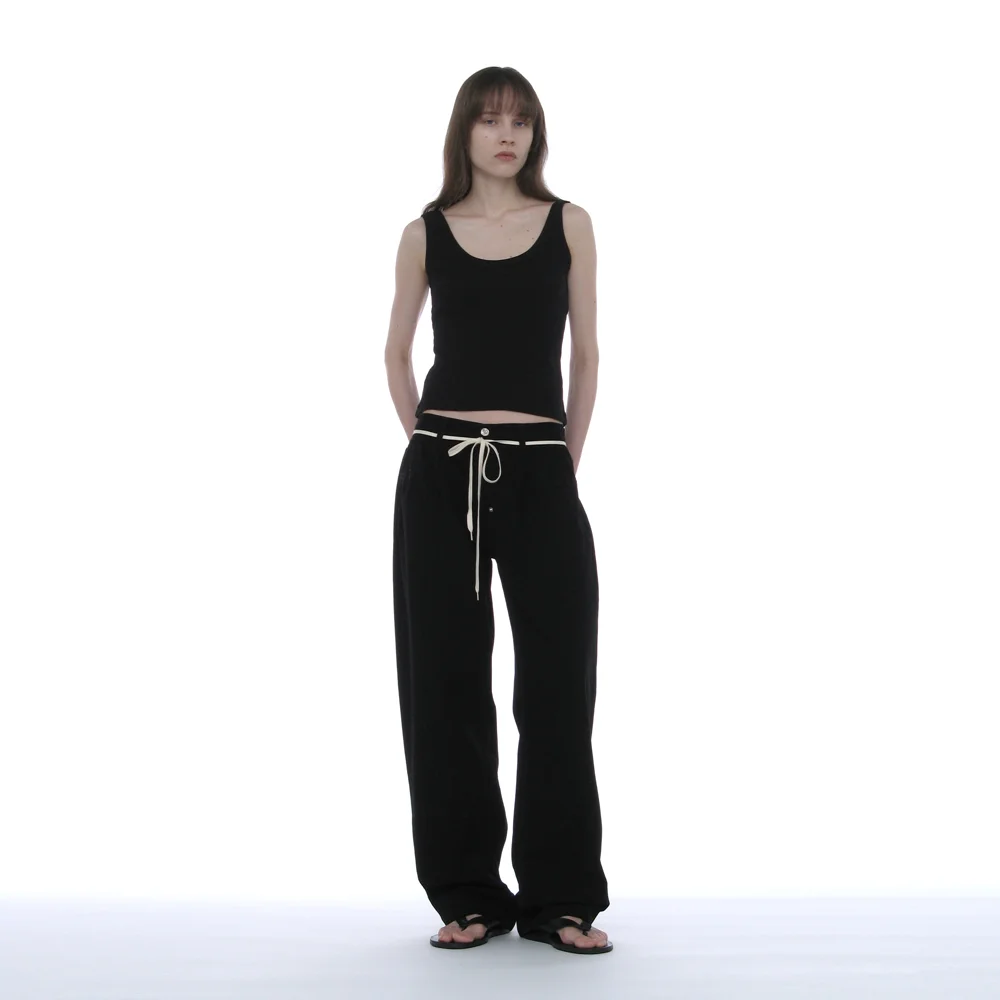DRAWSTRING REWORKED PLEATS BAGGY JEANS_BLACK