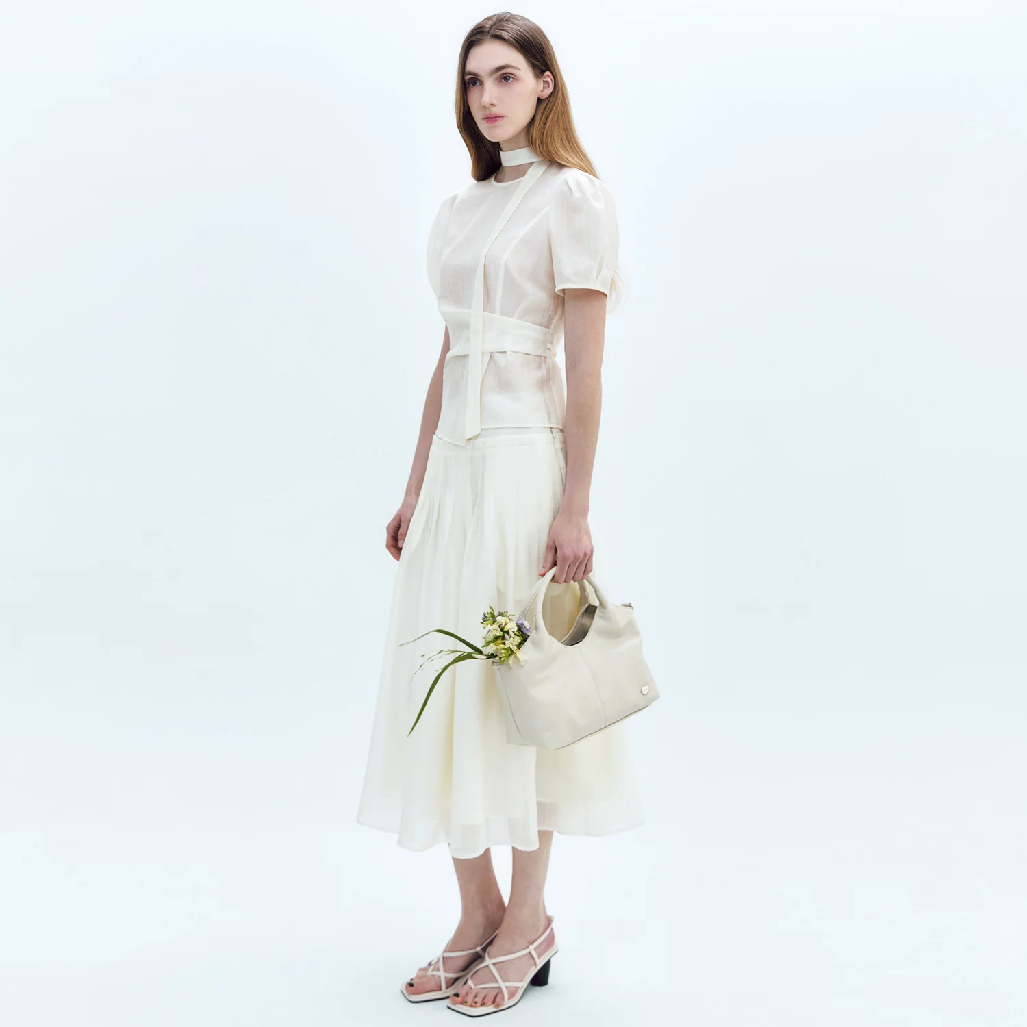 Waist Tuck-decorative Short Blouse + Sheer Pleats Midi Skirt BUTTER