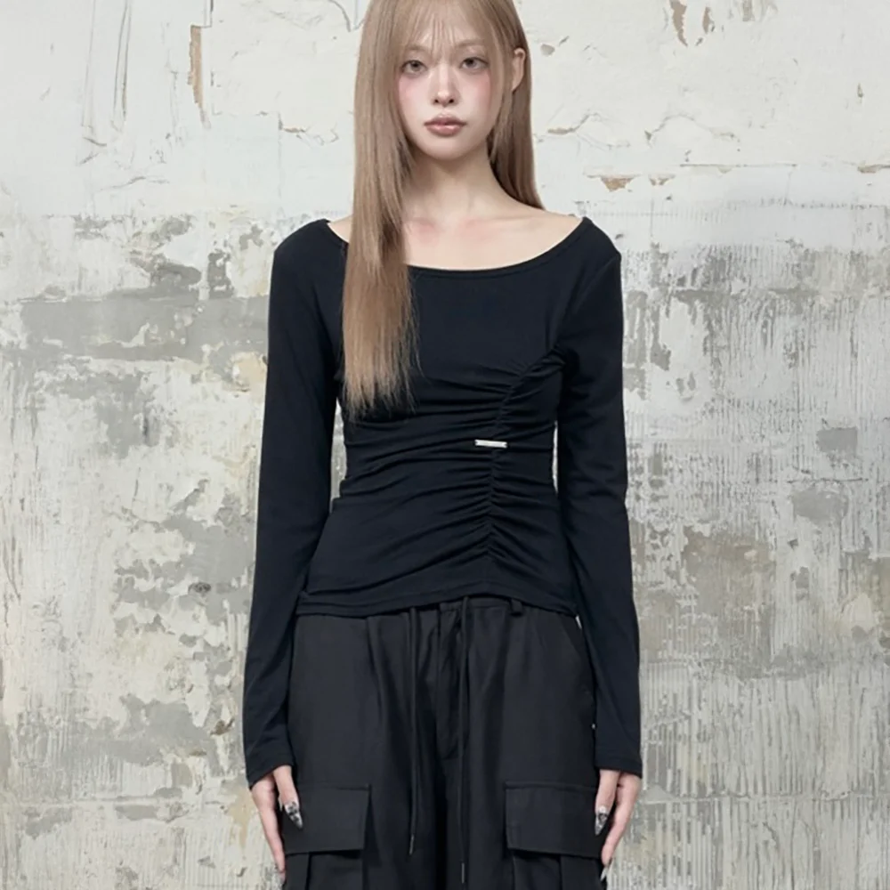Drape Wing Shirring Long Sleeve (Black)
