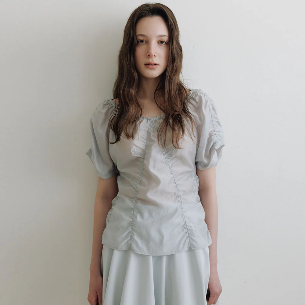 Silky Shirring Blouse(Light Grey)