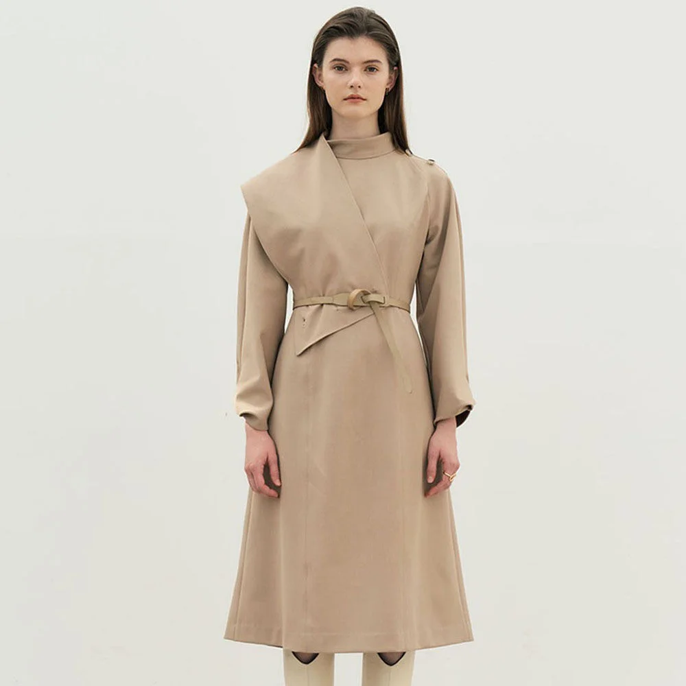 4W Muffler Layered Sleeve Twist Dress - soft camel