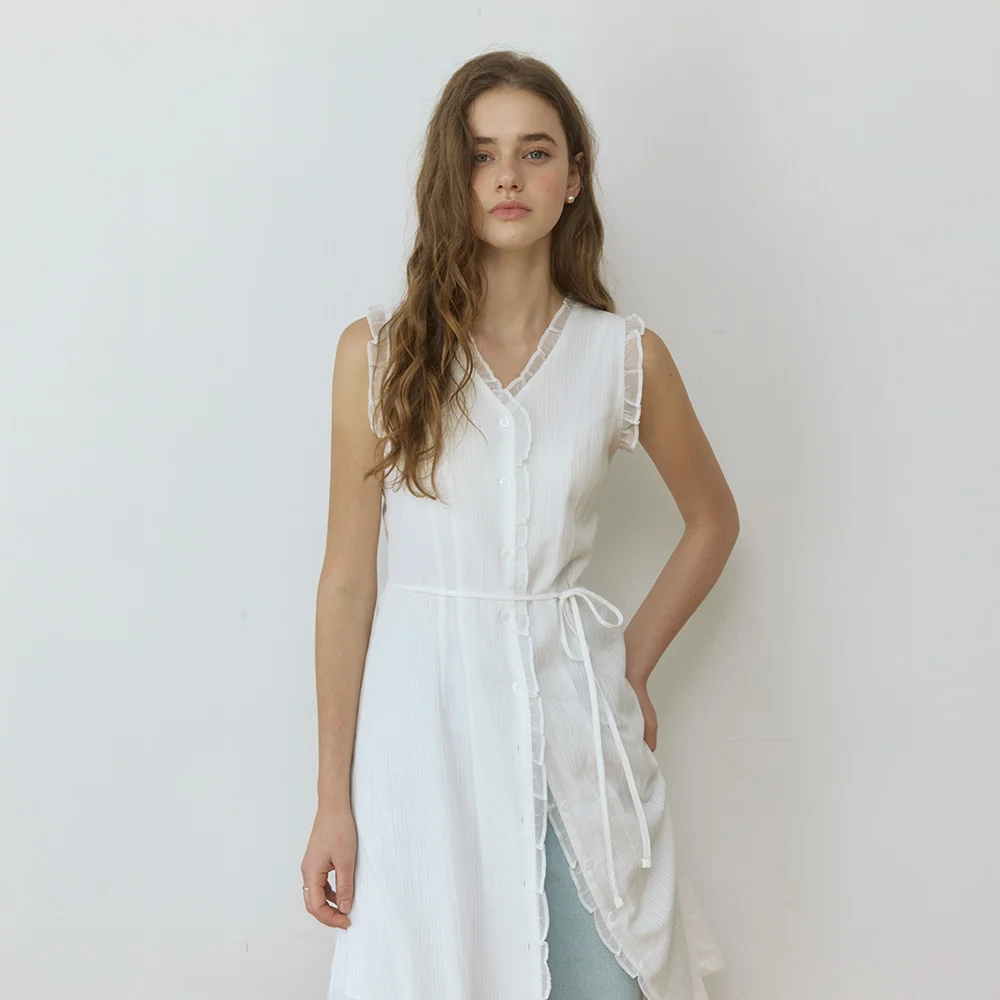 Lace frill line jacquard long dress - white