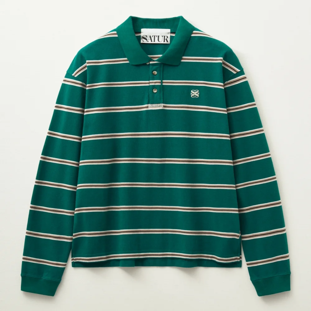 條紋 珠地 Polo 長 衣袖 深 綠色