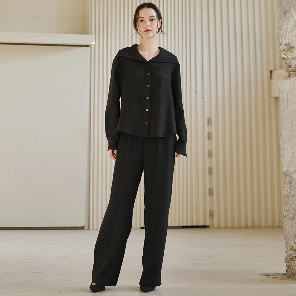 水手 衣領 皺褶 雪紡衫 套裝 - 黑色 / Sailor Collar Wrinkle Blouse Set Up - Black