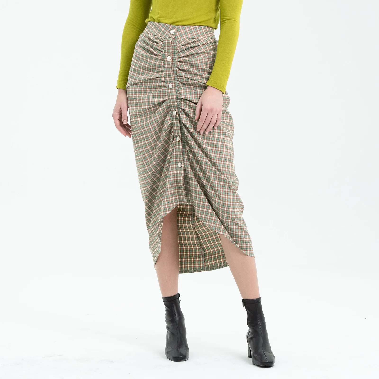 BUTTON POINT SHIRRING CHECK SKIRT - GREEN