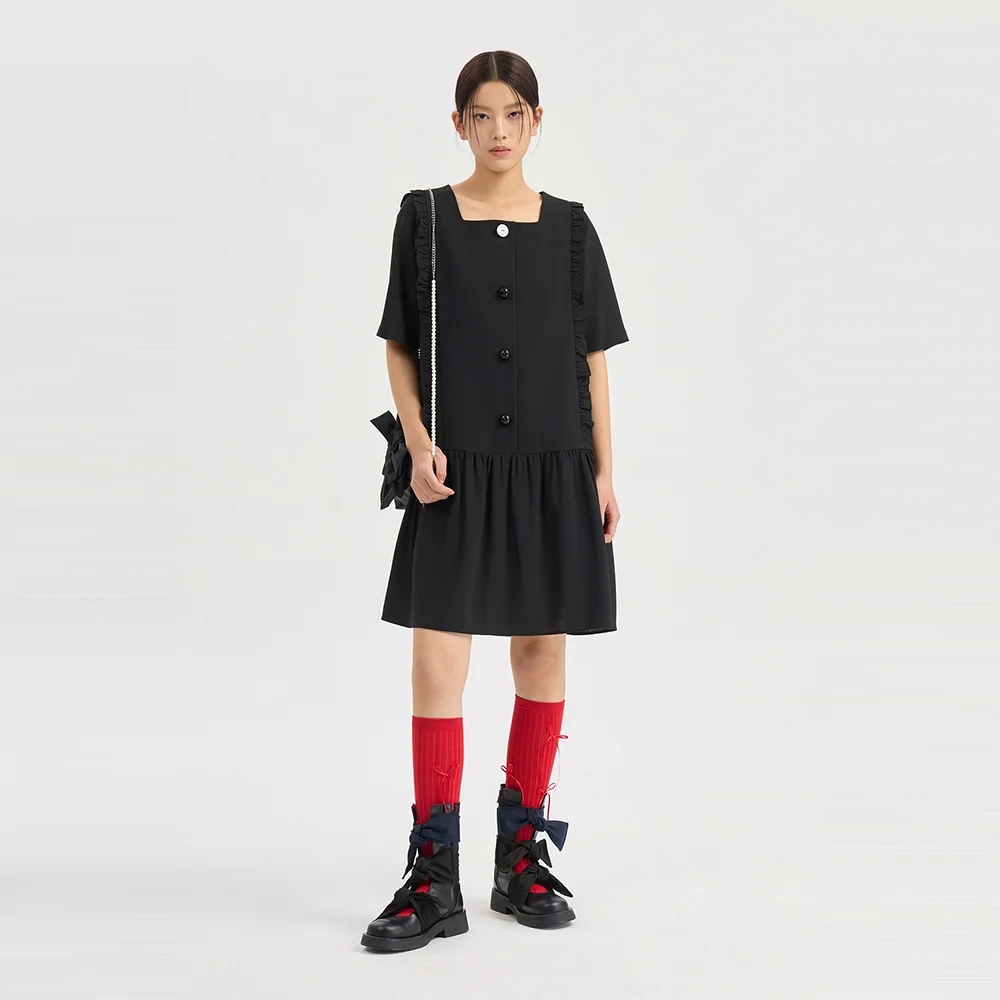 Frill Point Short Sleeve Poly Mini Dress (black) LFDAM26400BKX