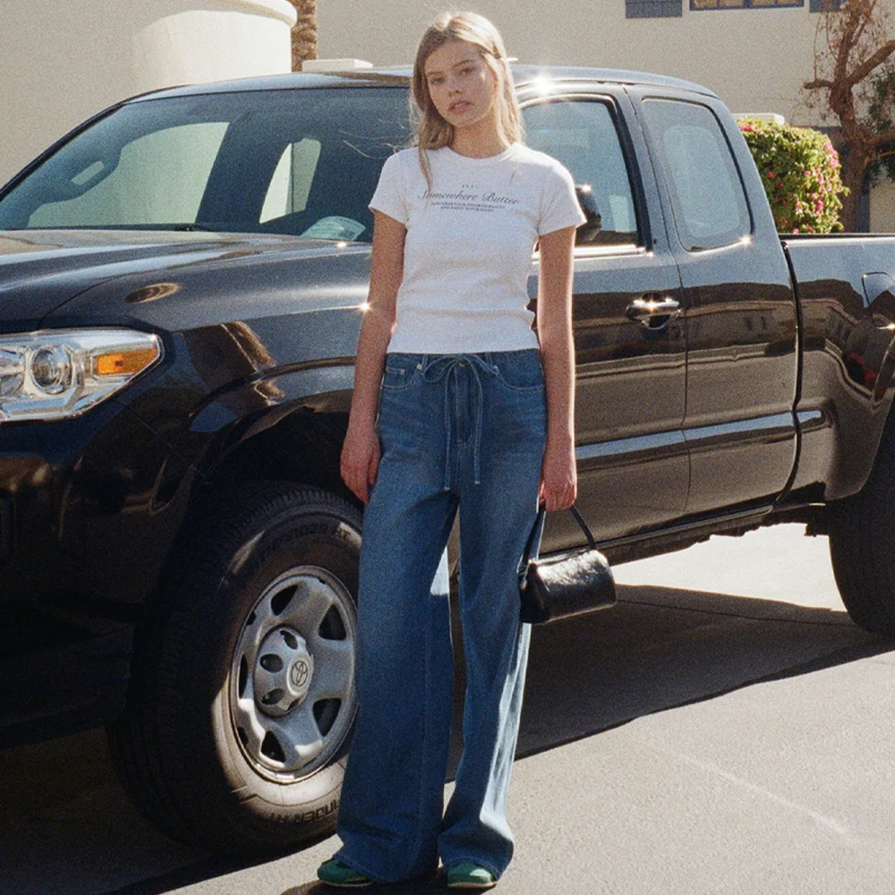 Ribbon Wide Denim Pants - Middle Blue