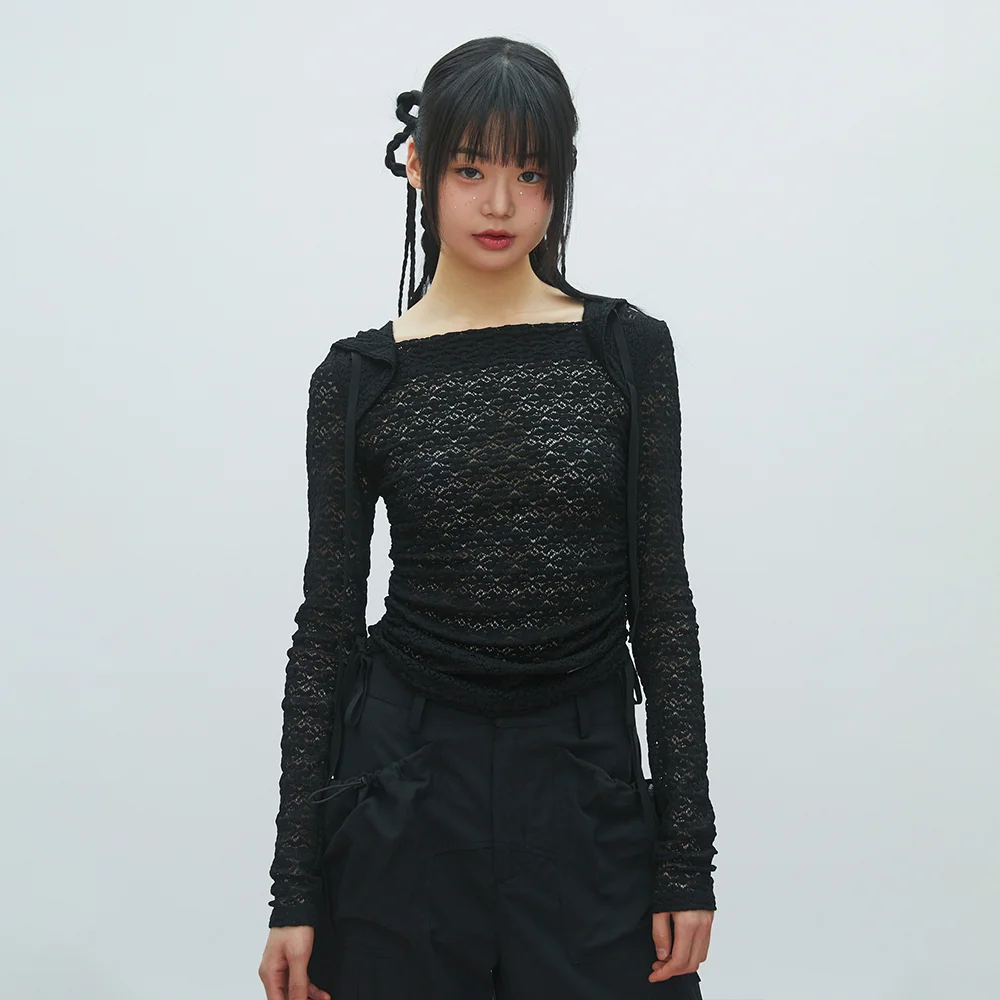 LACE BOAT NECK HOODIE BLACK BR2CL006