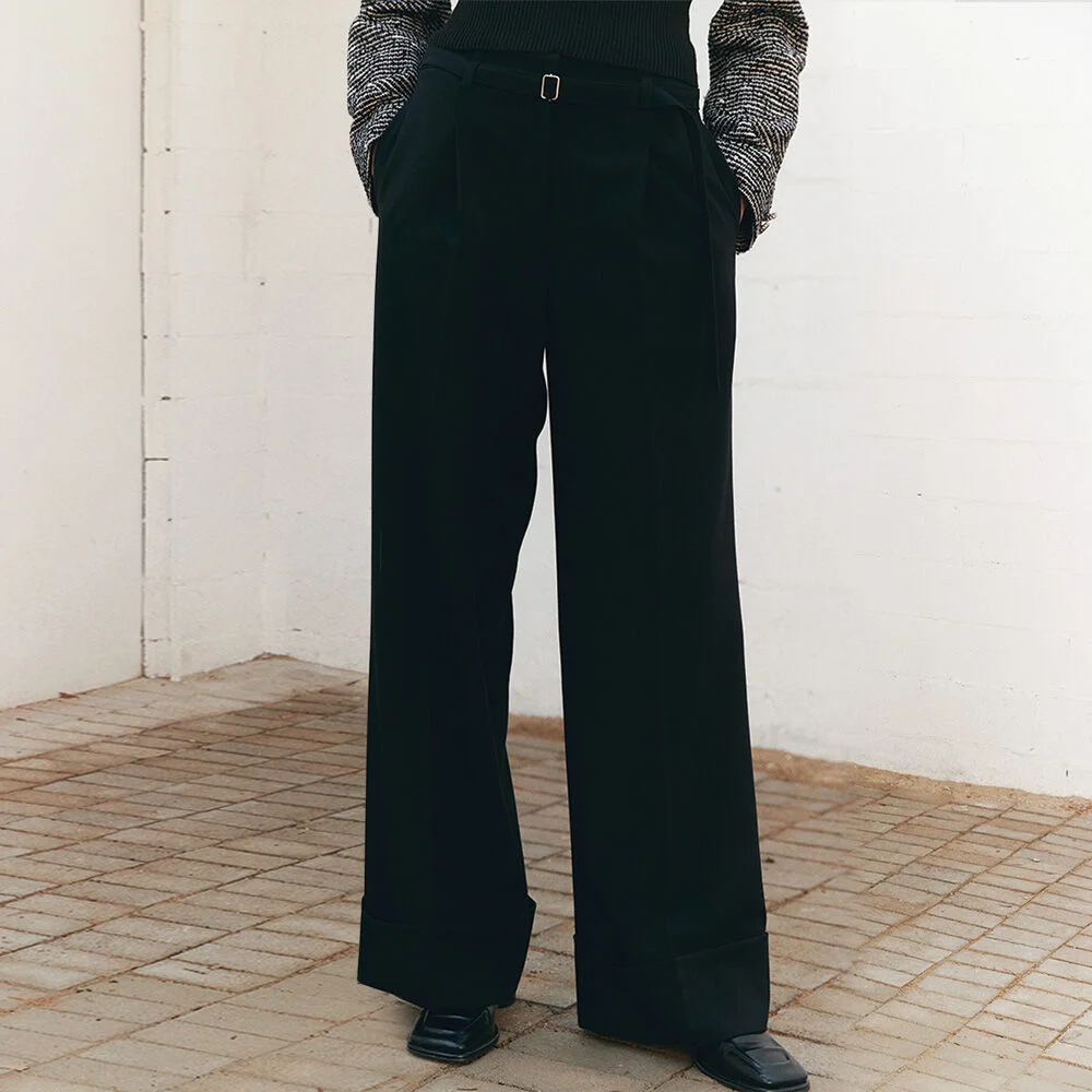 BELTED TURN UP WIDE PANTS (moat black)