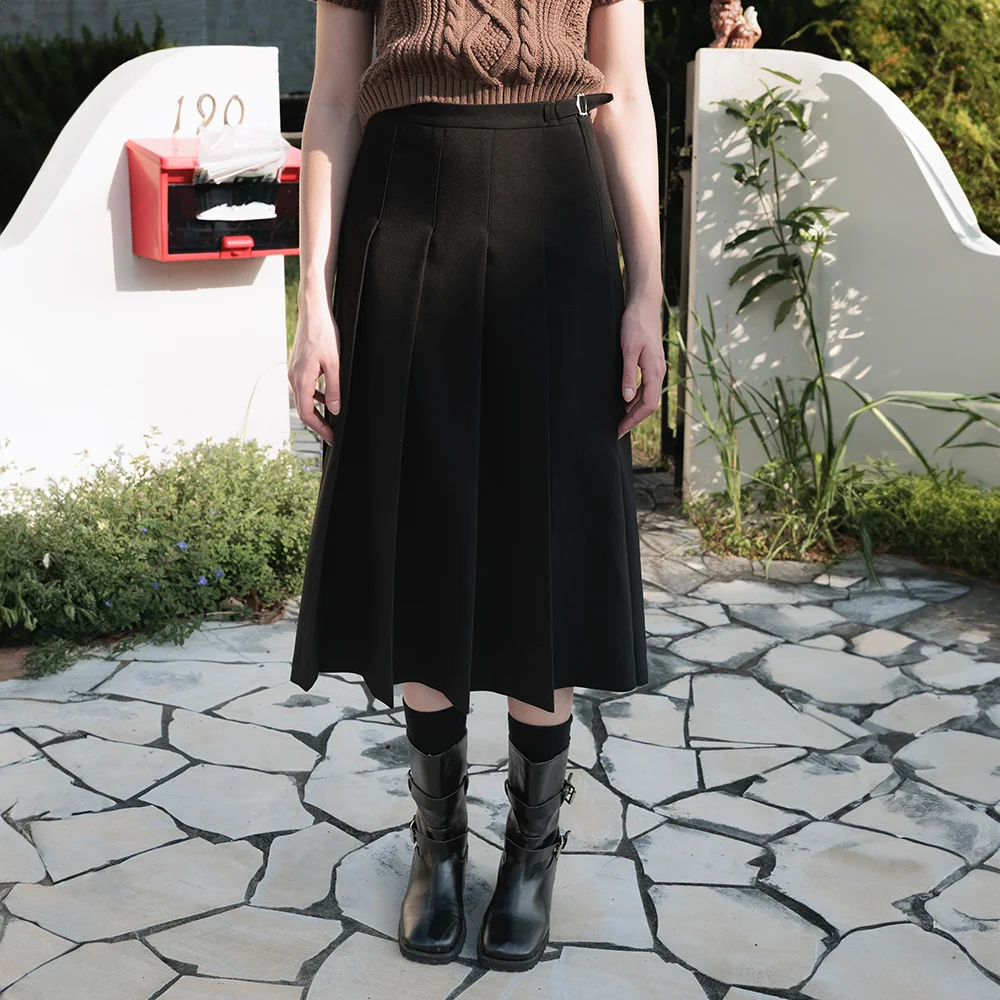 Buckle Pleats Long Skirt