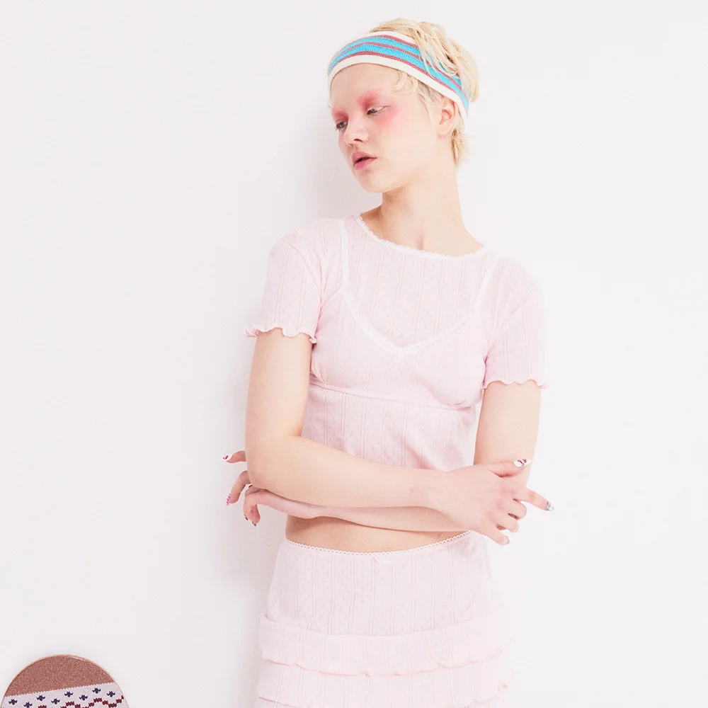 LOVELY EYELET BRA T-SHIRT SET PINK