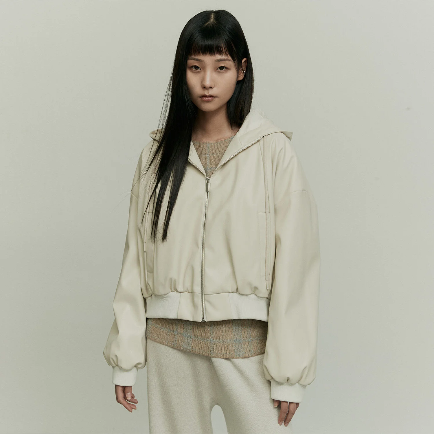 HOODED FAUX LEATHER JACKET