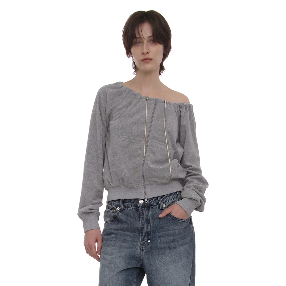 TERRY DRAWSTRING OFF-SHOULDER ZIP-UP TOP_MELANGE