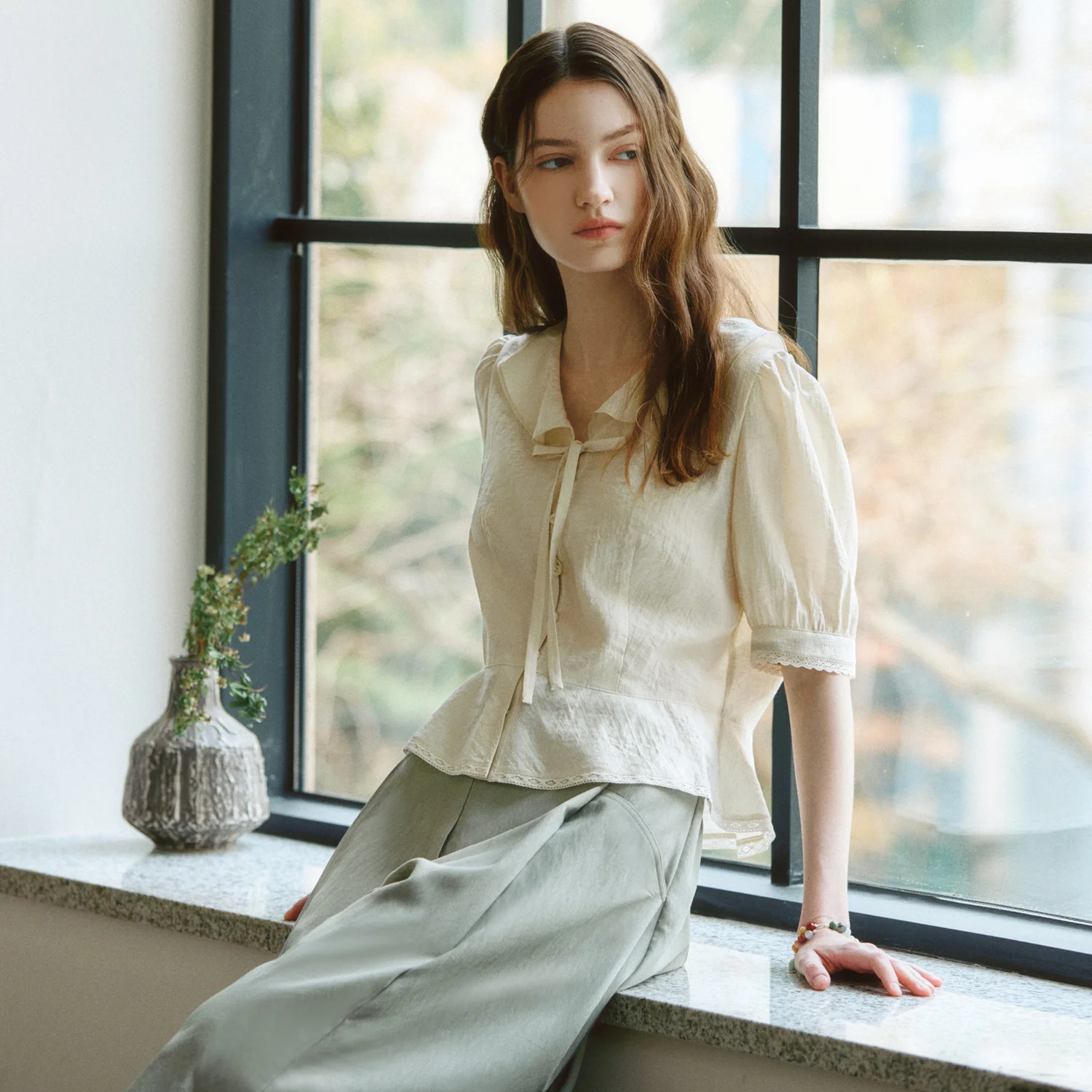 Ruffled V-Neck Peplum Blouse BEIGE