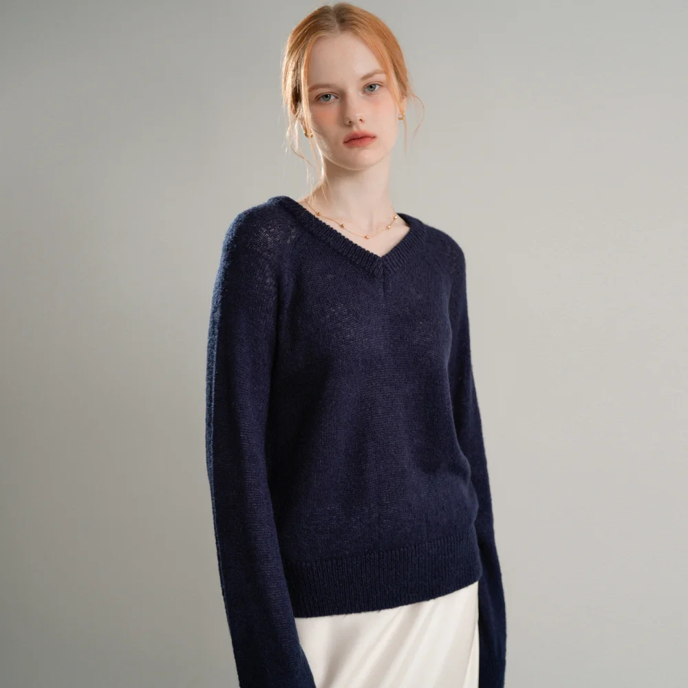 Mohair V-neck Basic Knit (Navy)