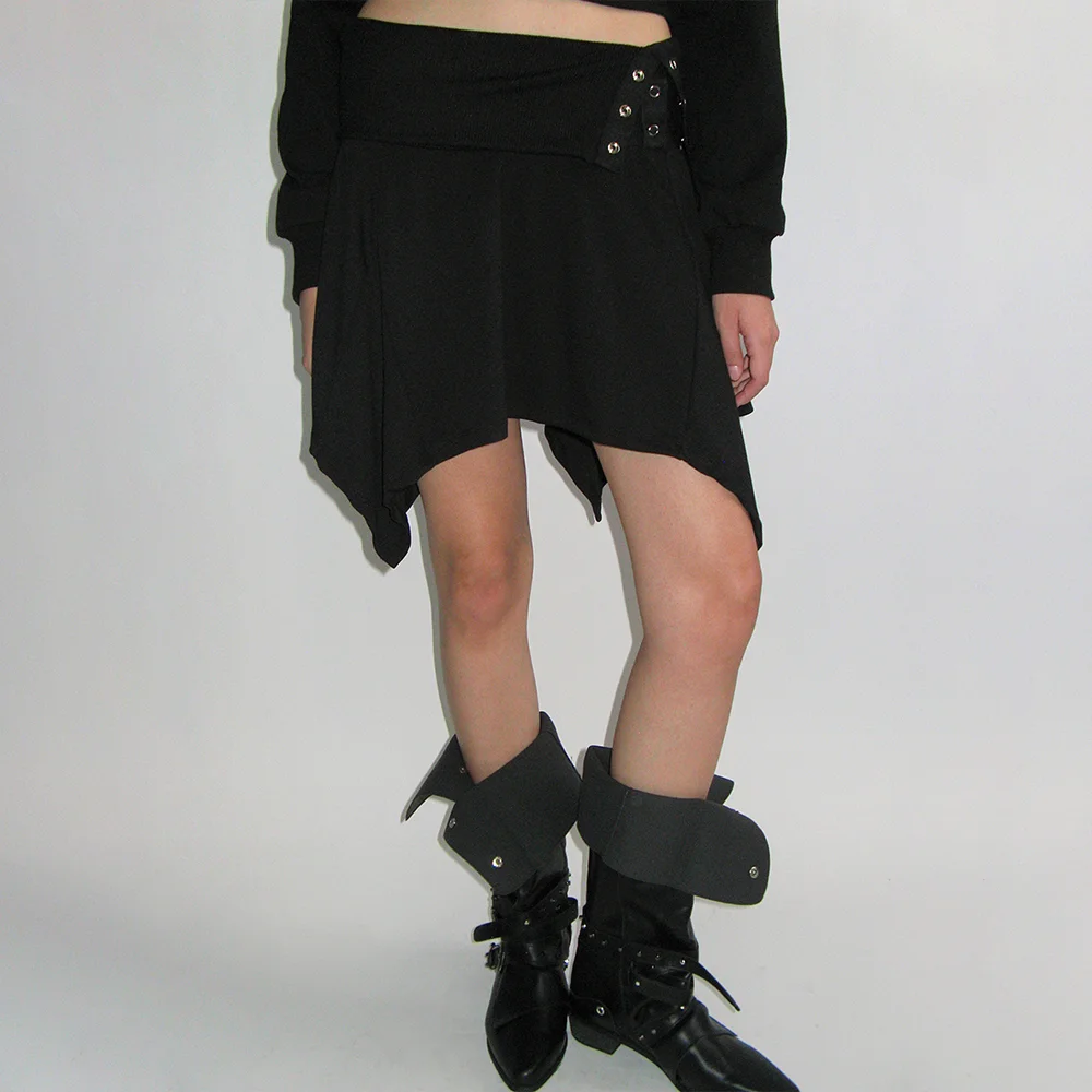 ROLLOVER SNAP FLARED SKIRT_BLACK