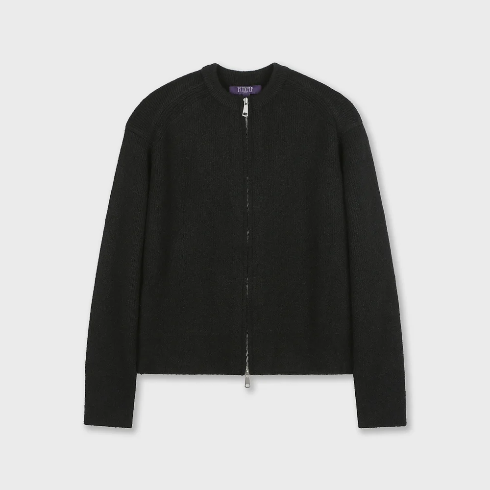 CREW NECK SHORT ZIP-UP CARDIGAN BLACK