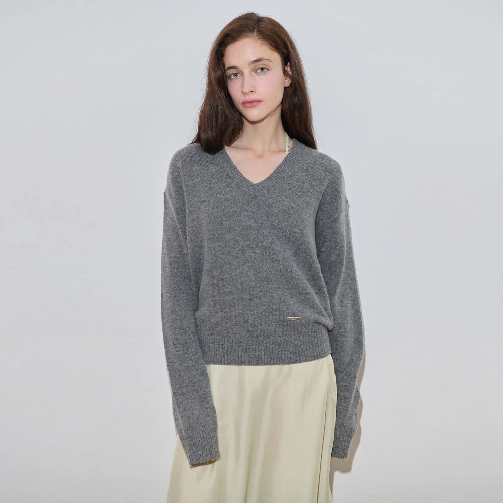 V-Neck Basic Knit (Melange Grey)