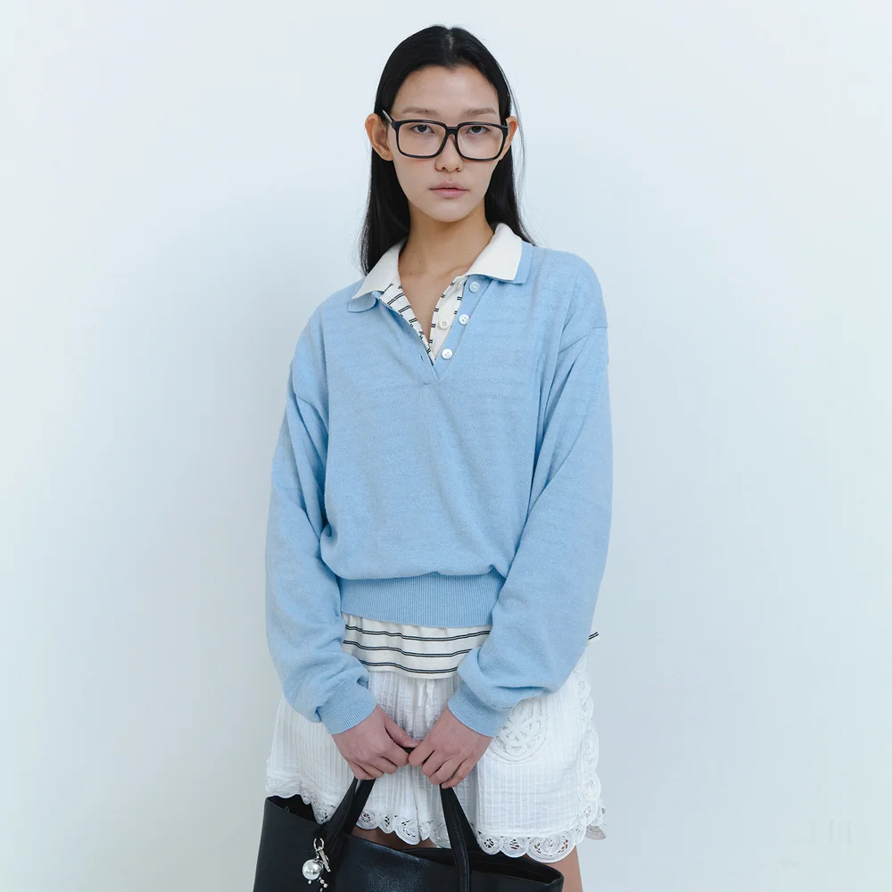 Furring collar knit Light blue