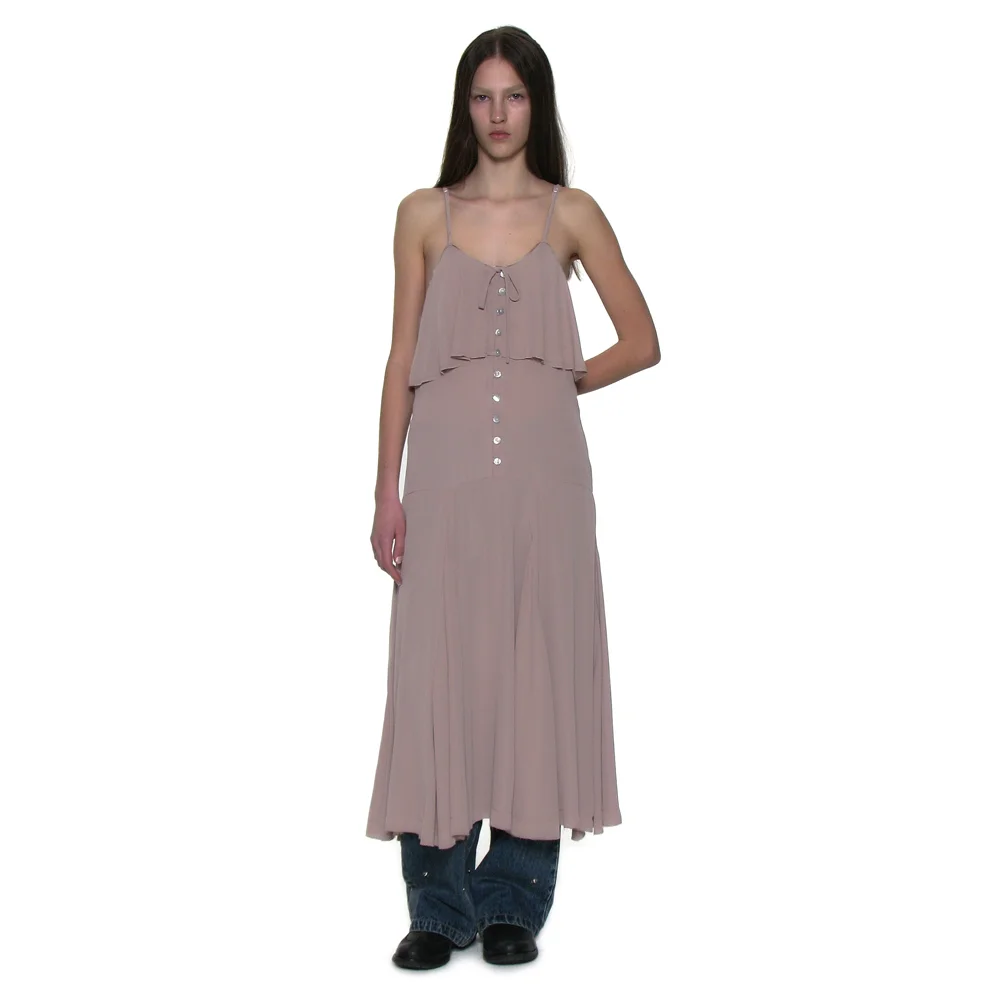RUFFLE LACE TRIM FLARE SLIP DRESS_BEIGE