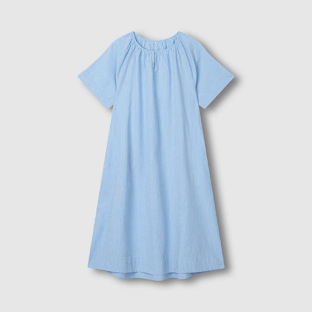 女裝 純棉 泡泡紗 短袖 睡衣 連衣裙_深 藍色