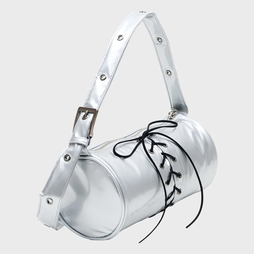 DAMP 2WAY BELTED STRAP BARREL BAG SMALL_GLOSSY SIVER