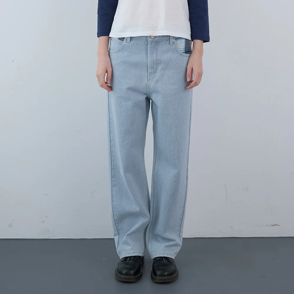 拼布 直筒 牛仔 褲子 (Light Blue)