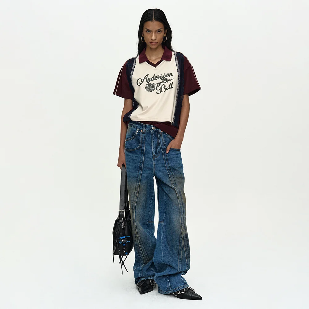 UNISEX LAYERED WIDE-LEG JEANS apa865u(BLUE)