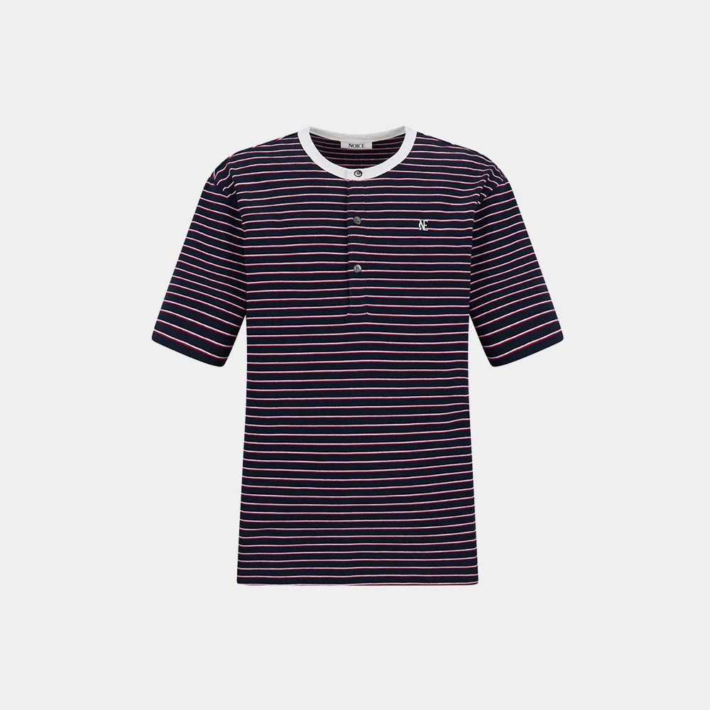 COTTON STRIPE RINGER HENLEY NECK - DARK NAVY