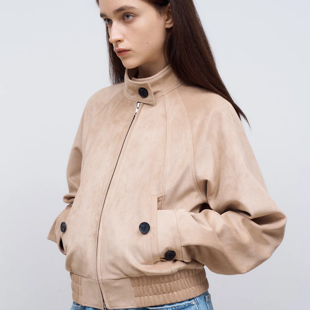 Vegan Leather Suede Harrington Jacket in Beige