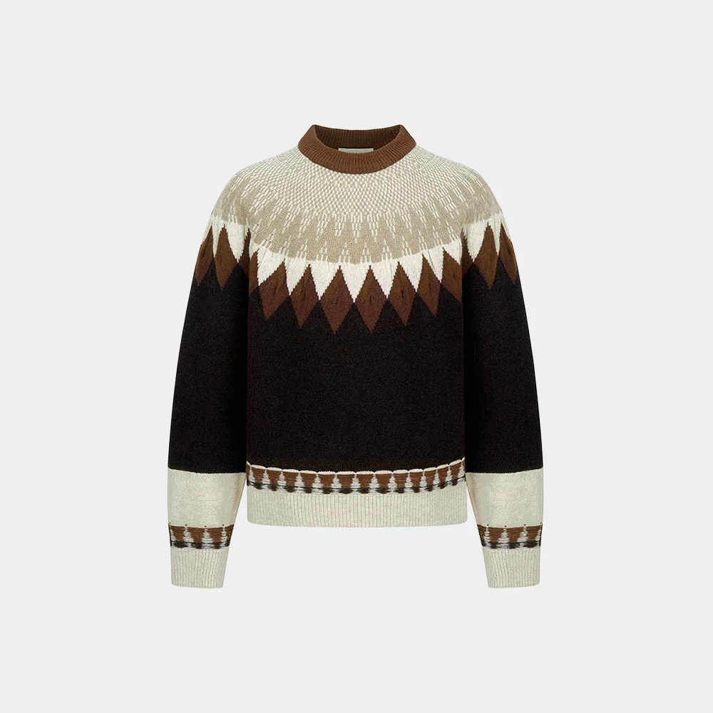 NORDIC PATTERN FINE MERINO SWEATER - BROWN