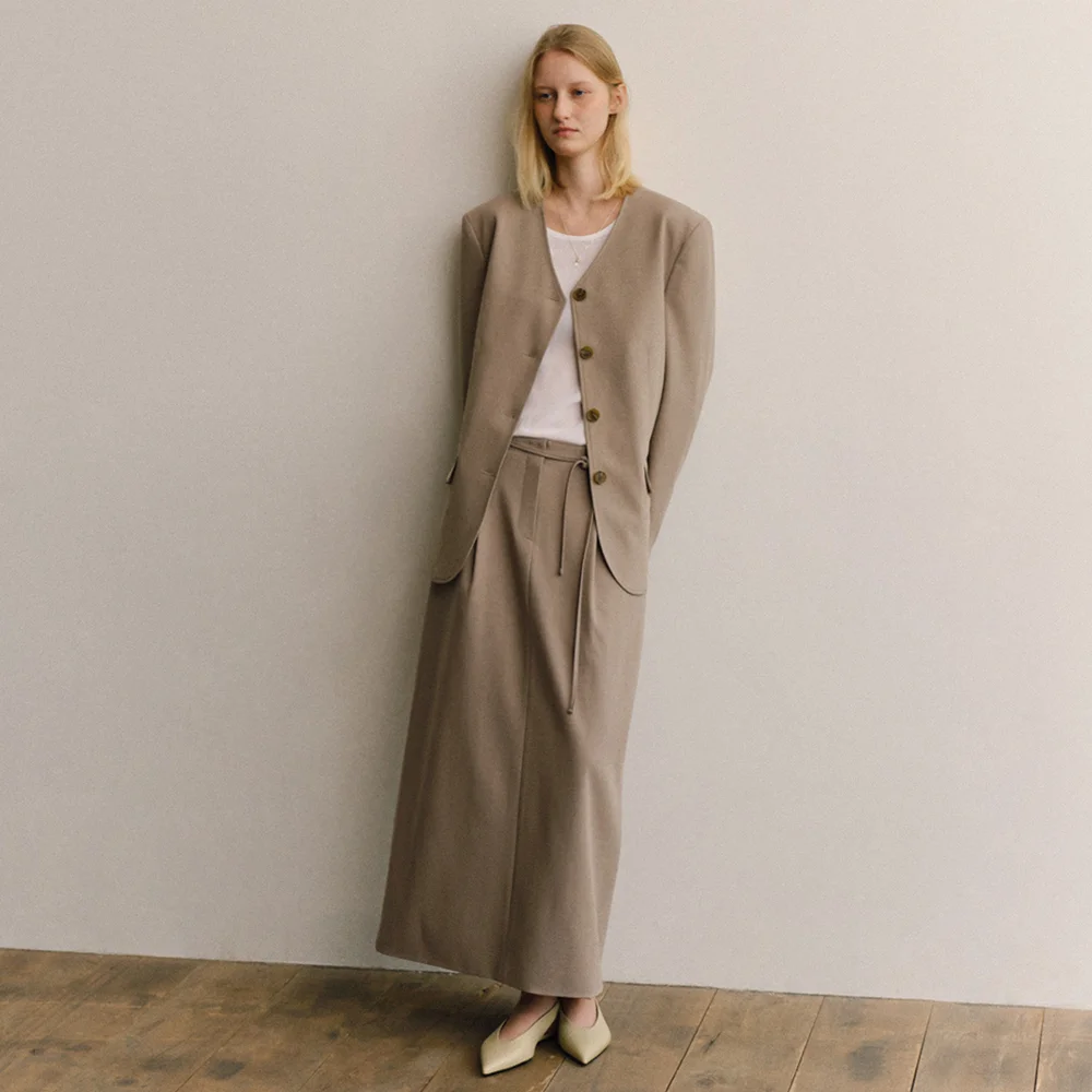 HERRINGBONE STRAIGHT LONG SKIRT_KHAKI BEIGE