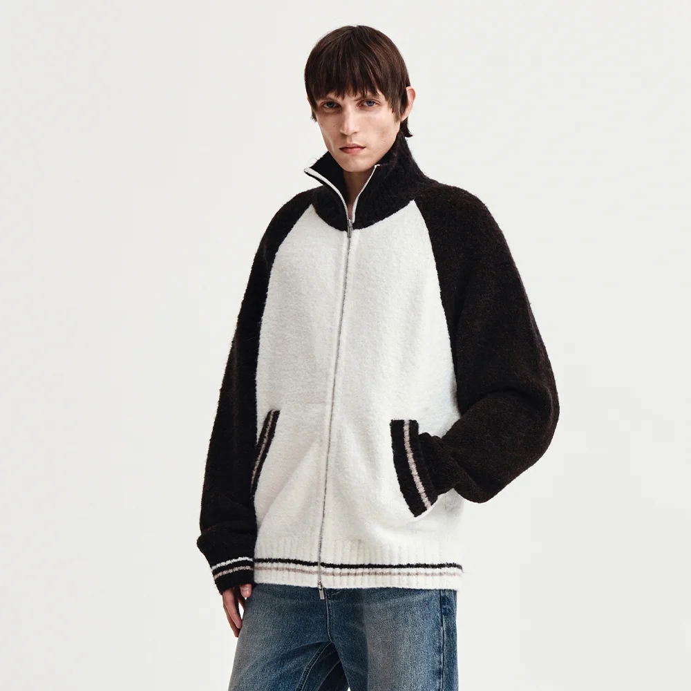 HIGH NECK RAGLAN KNIT ZIP UP FOR MEN IN DARK BROWN