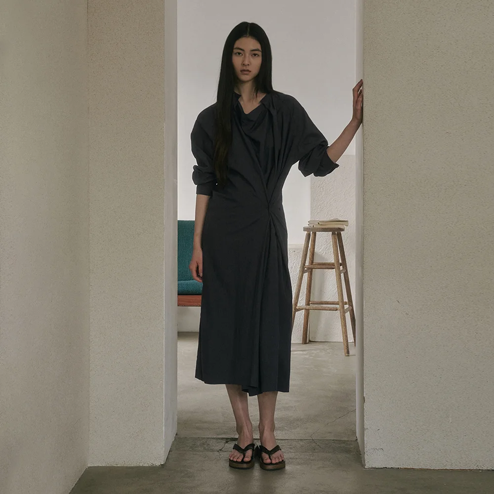 ESTEL DRAPED LONG DRESS_CHARCOAL