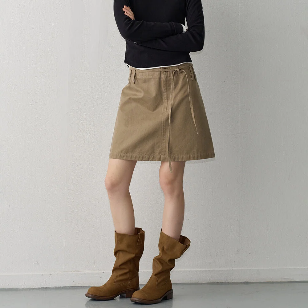 蠟塗 純棉 迷你 半身裙_beige