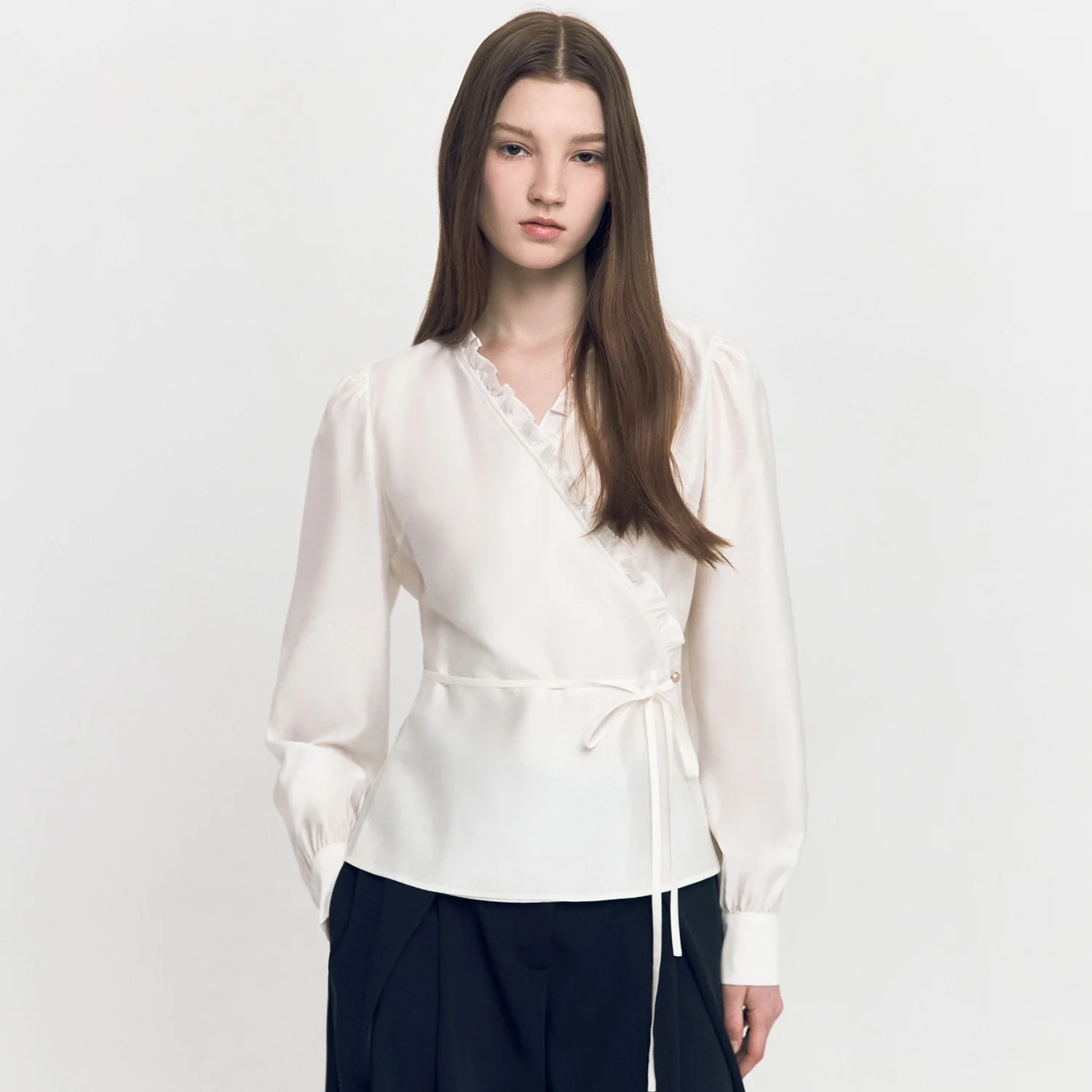 Frilled Diagonal Wrap Blouse IVORY