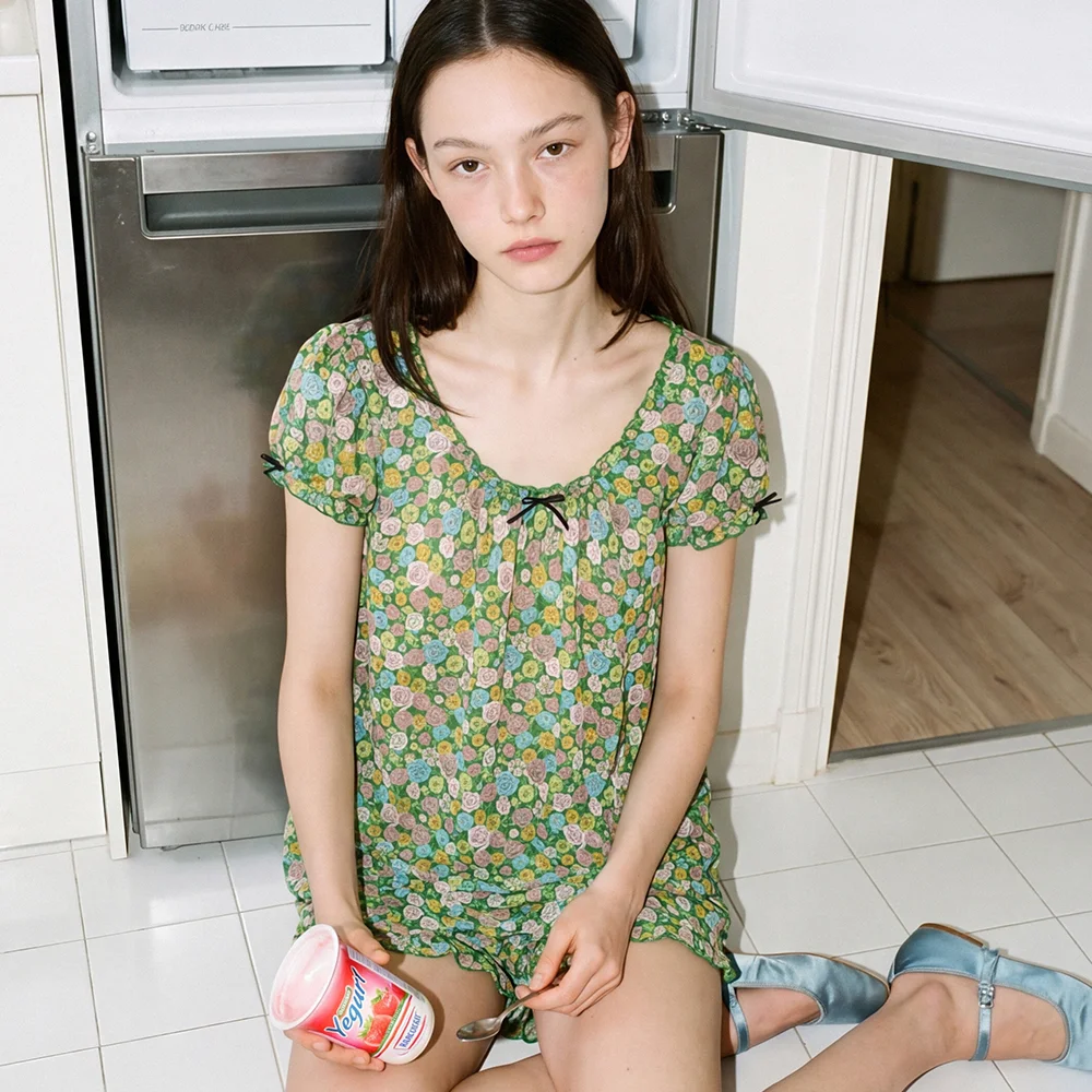 Ribbon Puff Sleeve Pajama Top (Green Mix)
