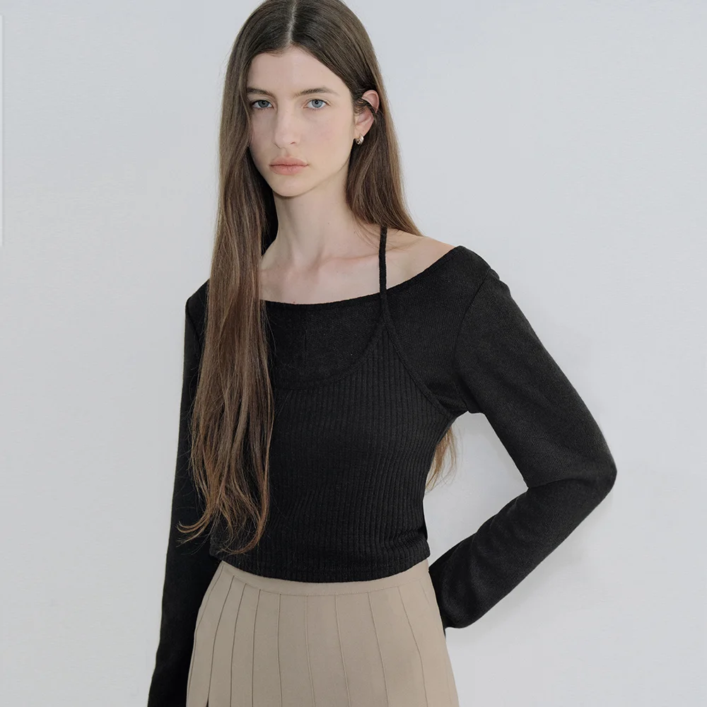 ribbed layered halterneck T-shirt (black) orc 6103