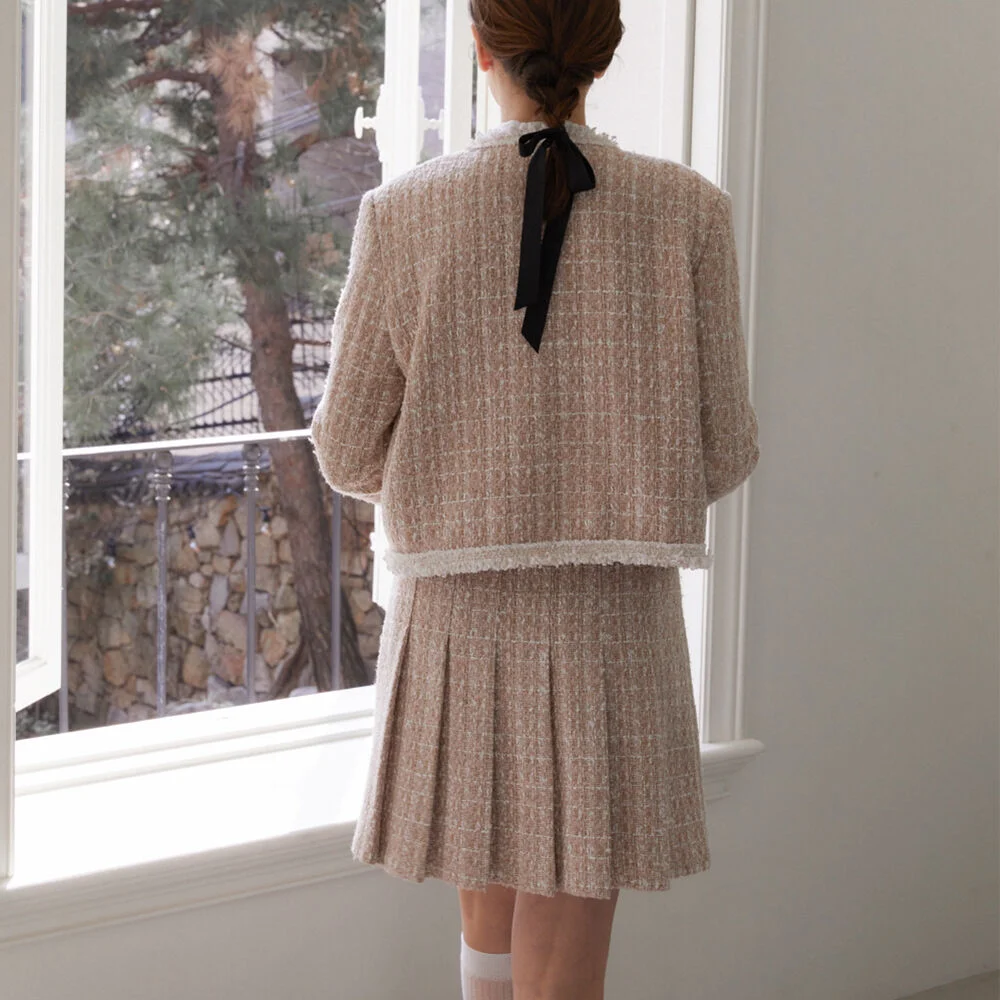 Pink Tweed pleats mini skirts