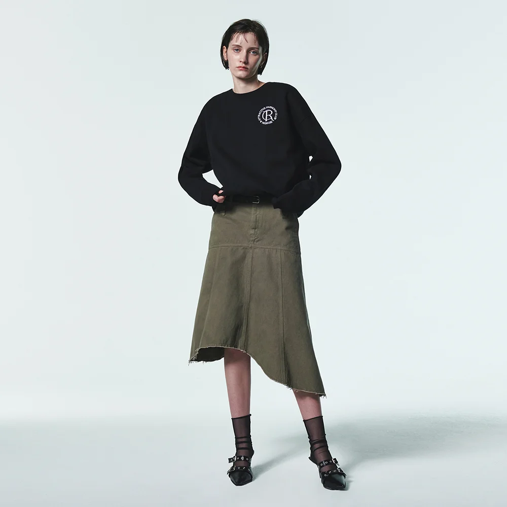 ASYMMETRIC FLARE MIDI SKIRT