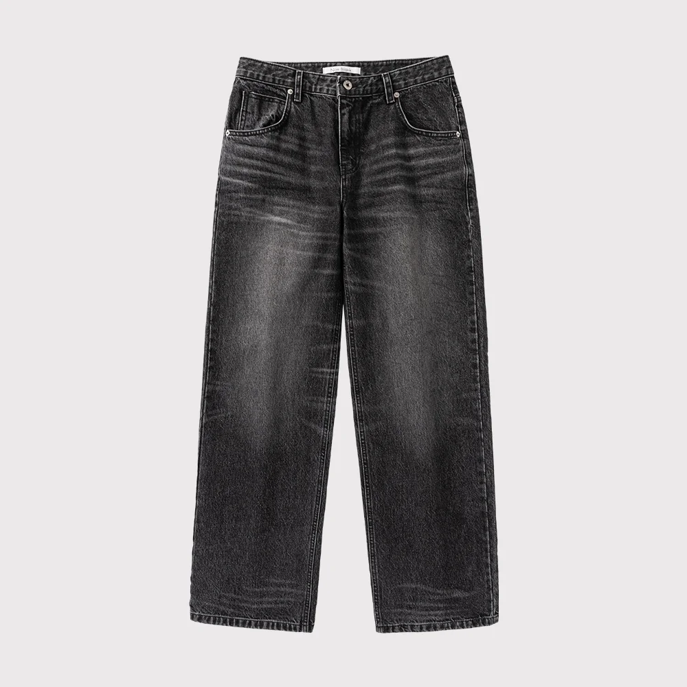 壓紋 寬鬆 直筒 牛仔 褲子_WASHED BLACK