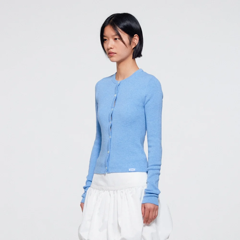 WOMEN SLIM COLLARLESS KNIT CARDIGAN - SOFT BLUE